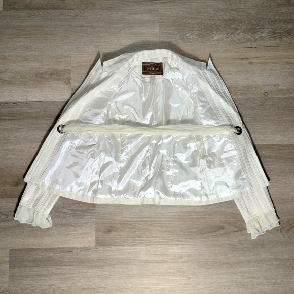 Vintage Feline Blazer Medium Ivory Shimmer Stripe Coquette Dollette Ruffle Y2K - Picture 7 of 10